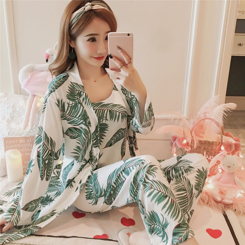 women's 3 pieces pajamas sets 2019 spring and summer Furnishing wear Sexy Women Pajama Sets Nightdress+Robe+Pant Female Pajamas