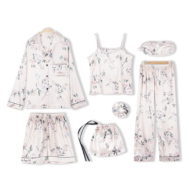 JULY'S SONG Pink Women's 7 Pieces Pajamas Sets Emulation Silk Striped Pyjama Women Sleepwear Sets Spring Summer Autumn Homewear