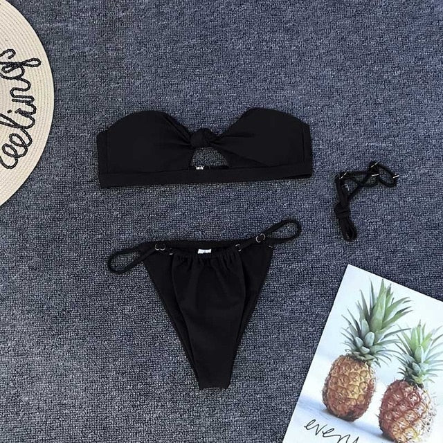 OMKAGI Brand Hollow Up Bikini Thong Swimwear Women Solid Swimsuit Sexy Push Up Bathing Suit Beachwear Monokini 2018