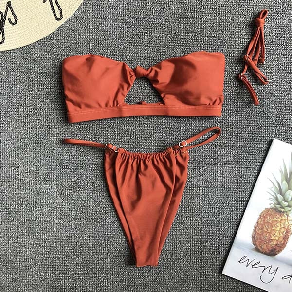 OMKAGI Brand Hollow Up Bikini Thong Swimwear Women Solid Swimsuit Sexy Push Up Bathing Suit Beachwear Monokini 2018