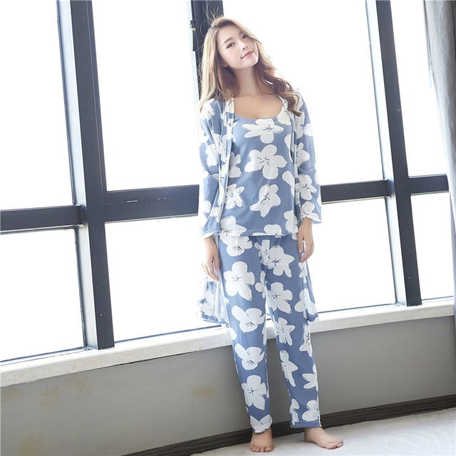 women's 3 pieces pajamas sets 2019 spring and summer Furnishing wear Sexy Women Pajama Sets Nightdress+Robe+Pant Female Pajamas