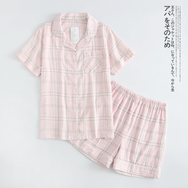 Women 100% Cotton Short Sleeves Ladies Pajama Sets Shorts Cute Cartoon Sleepwear Japanese Simple Short Pyjamas Womens Homewear