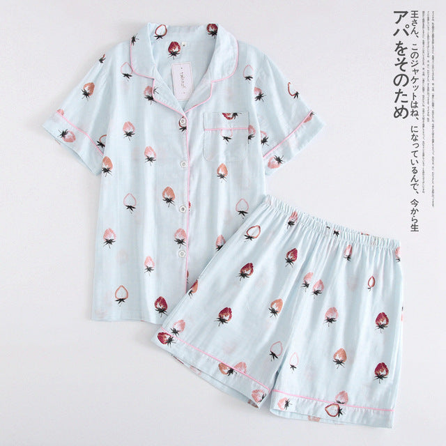 Women 100% Cotton Short Sleeves Ladies Pajama Sets Shorts Cute Cartoon Sleepwear Japanese Simple Short Pyjamas Womens Homewear