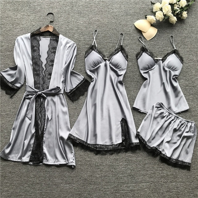 Plus Size 2XL 2019 Women Pajamas Sets Satin Sleepwear Silk 4 Pieces Nightwear Pyjama Spaghetti Strap Lace Sleep Lounge Pijama