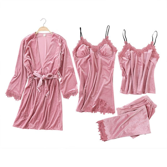 JULY'S SONG 2019 Gold Velvet 4 Pieces Warm Winter Pajamas Sets Women Sexy Lace Robe Pajamas Sleepwear Kit Sleeveless  Nightwear