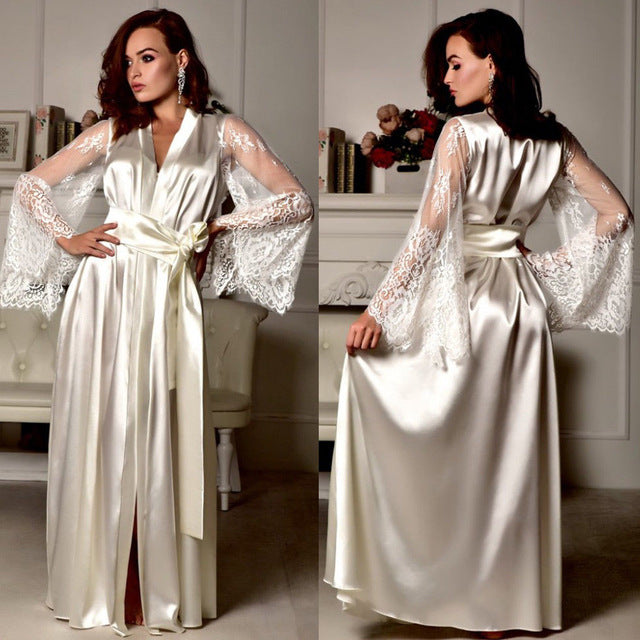 2019 Sexy Lingerie Women Silk Lace Long Robe Dress Pajamas Nightdress Nightgown Sleepwear