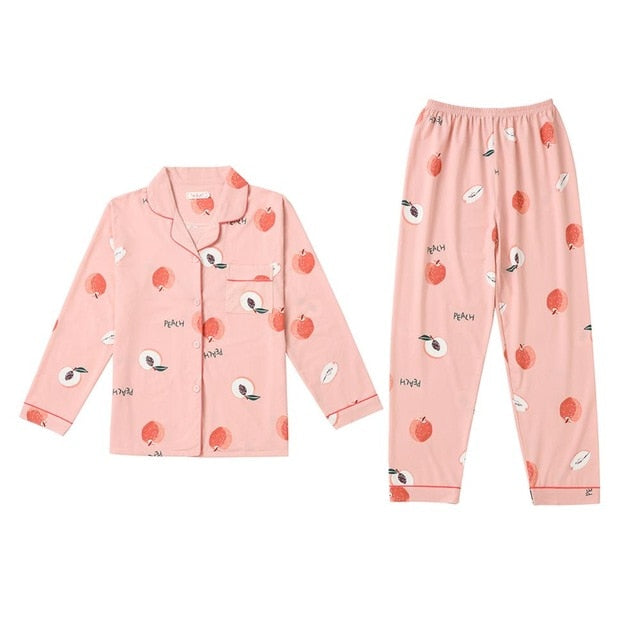 2019 Women Pajamas Sets with Pants Long Sleeve Turn-down Collar with Pocket Pyjama Cute Cartoon Button Top+Pants Pijama