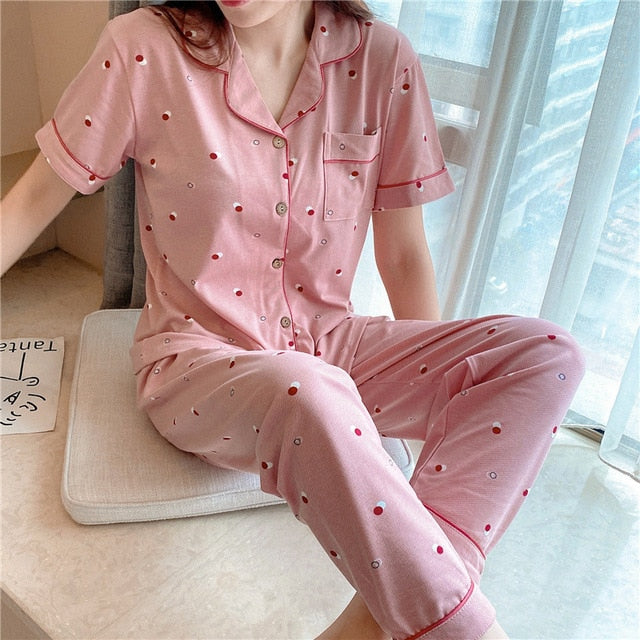 2019 Women Pajamas Sets with Pants Long Sleeve Turn-down Collar with Pocket Pyjama Cute Cartoon Button Top+Pants Pijama