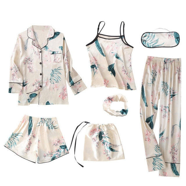 JULY'S SONG Pink Women's 7 Pieces Pajamas Sets Emulation Silk Striped Pyjama Women Sleepwear Sets Spring Summer Autumn Homewear