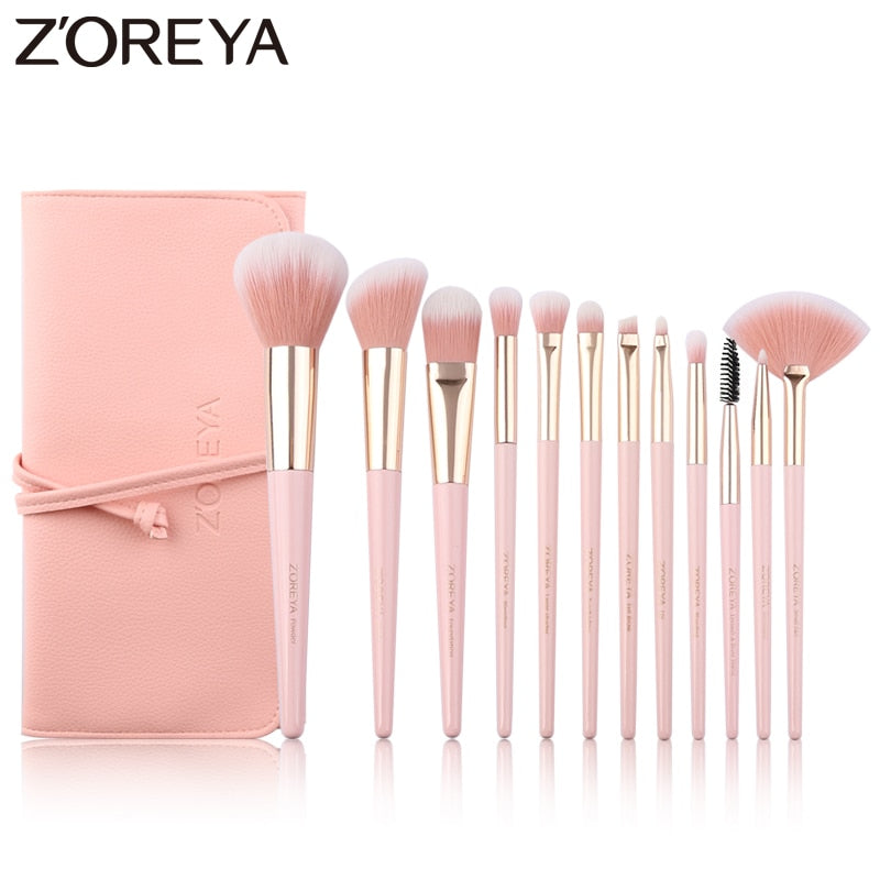 ZOREYA 12pcs Professional Makeup Brushes Super Soft Synthetic Hair Pink Handle Make Up Brush Blending Concealer Lip Beauty Tools