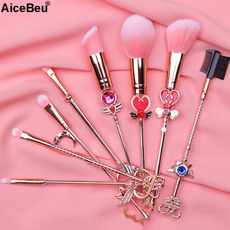 AiceBeu 8Pcs Sakura Sailor Moon Cosmetic Brush Makeup Brushes Set Tools kit Eye Liner Shader Natural Synthetic Pink Hair Make Up