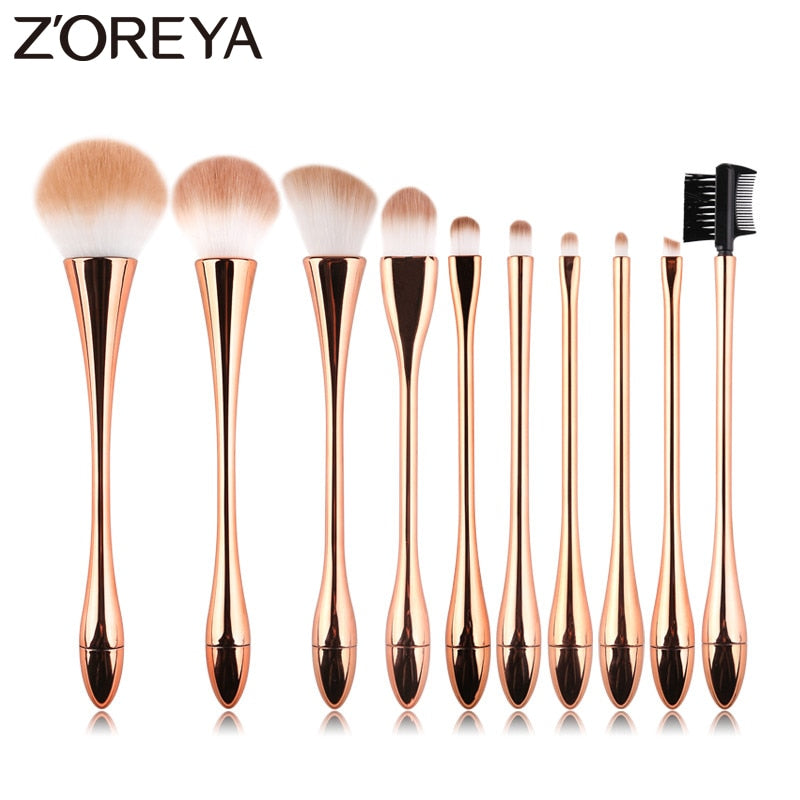 Zoreya Brand 10pcs Rose Gold Luxury Makeup Brushes Set High Quality Synthetic Hair Large Powder Angled Brow Eye Shadow Brush Kit