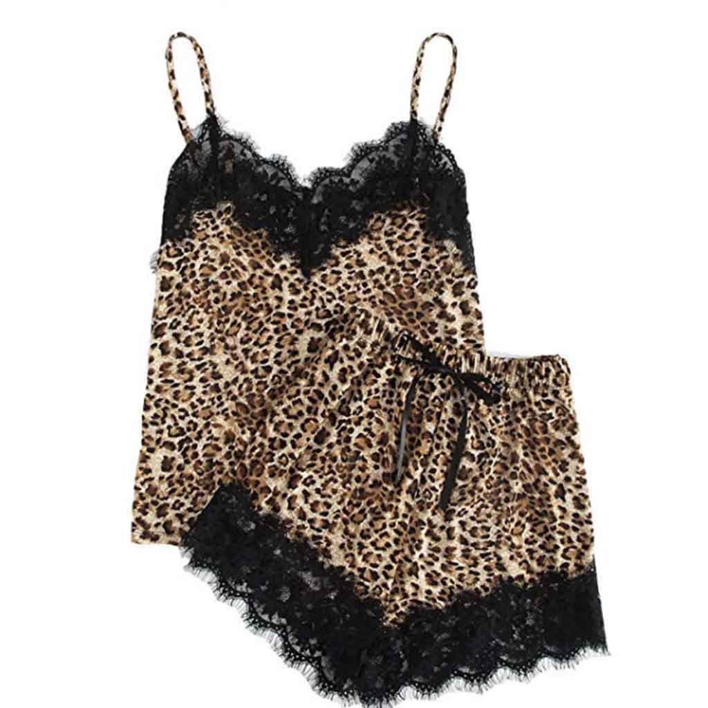 Sexy Sleepwear Set Sling Sleepwear Lingerie Lace  Leopard Print Underwear And Shorts Pajama Set bayan gecelikler