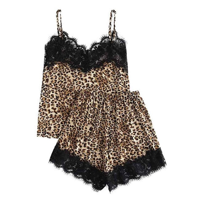 Sexy Sleepwear Set Sling Sleepwear Lingerie Lace  Leopard Print Underwear And Shorts Pajama Set bayan gecelikler